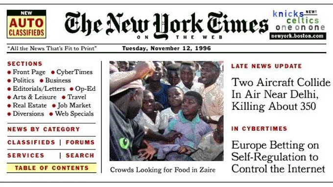 Homepage New York Times, listopad 1996 - vítejte v minulosti.