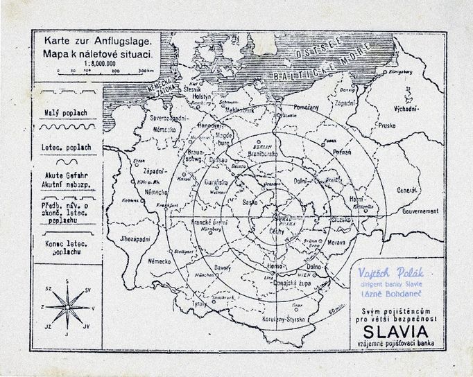 Dobová mapa k náletové situaci v Pardubicích, která tehdy určovala časový rámec možného leteckého útoku. Rok 1944