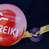 Lufthansa pilot wears badge reading &quot;strike&quot; on his uniform as he takes part in a demonstration at Fraport airport in Frankfurt