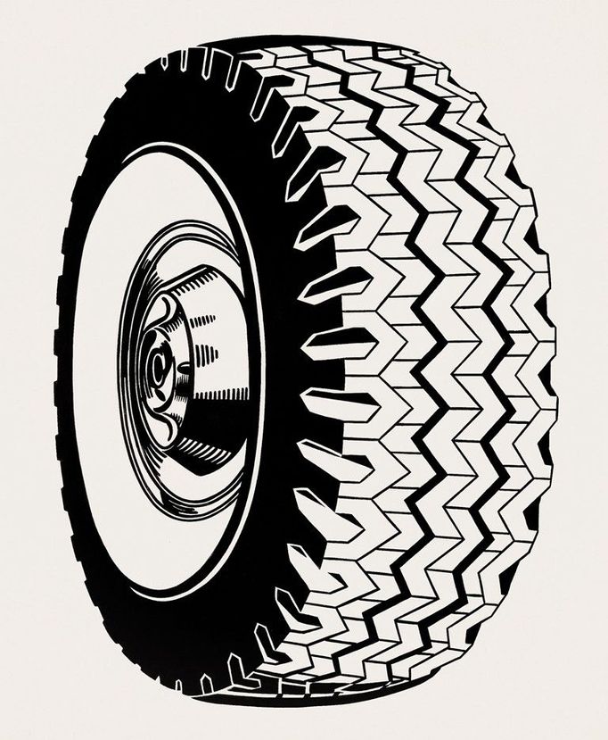 Roy Lichtenstein: Tire, 1962. Pak přisly černobílé studie všedních předmětů, Lichtenstein se soustředí na jejich tvar a strukturu. Předměty každodenní potřeby si vzaly za cíl umělecké směry jako dadaismus nebo arte povera.