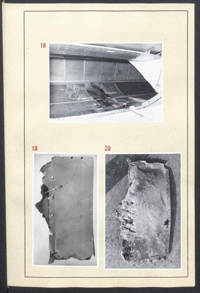 Ukázky dokumentace z vyšetřování příčin letecké tragédie. Spis znaleckého posudku z oboru mechanoskopie, defektoskopie a chemie.