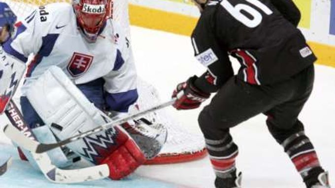 Kanaďan Rick Nash se snaží překonat slovenského gólmana Jaroslava Haláka.
