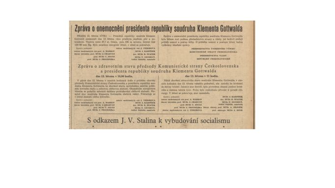 Zpráva o zdravotním stavu umírajícího Klementa Gottwalda v Rudém právu 14.3.1953