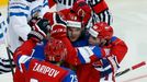 Russia's Viktor Tikhonov (C) celebrates his goal against Finland with team mates during the first period of their men's ice hockey World Championship group B game at Mins