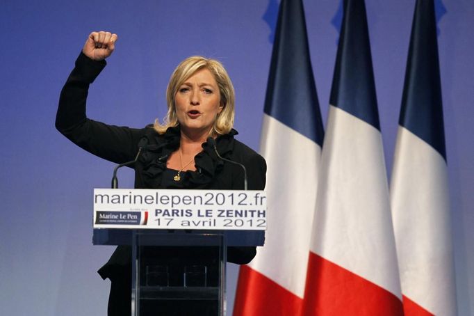 Marine Le Pen, the National Front party leader and their presidential candidate attends campaign rally in Paris