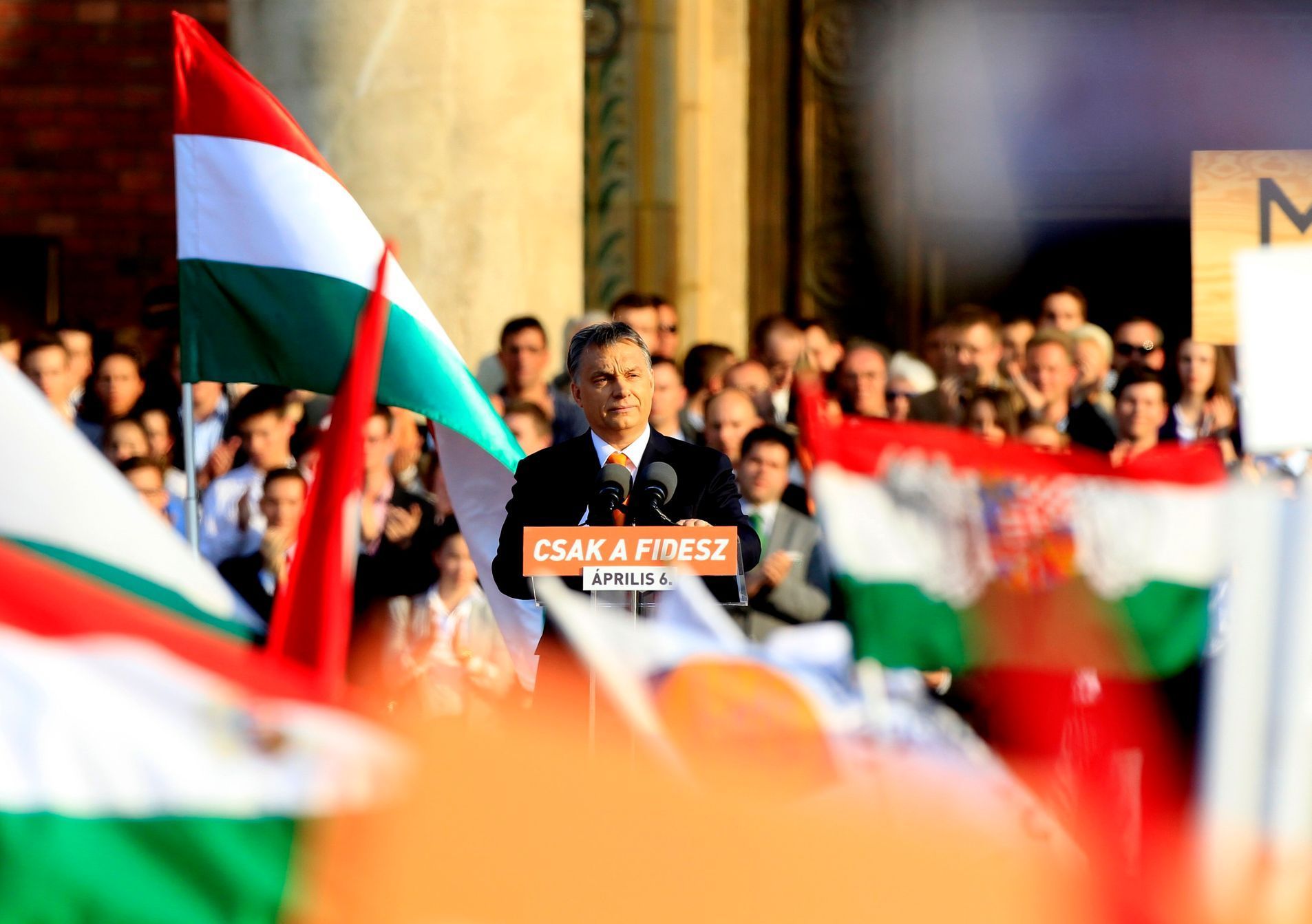 Hungarian Prime Minister Orban delivers a speech during an election rally of ruling Fidesz party in Budapest