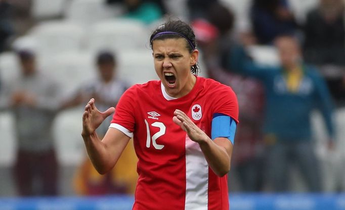 Christine Sinclair (CAN) of Canada celebrates goal.