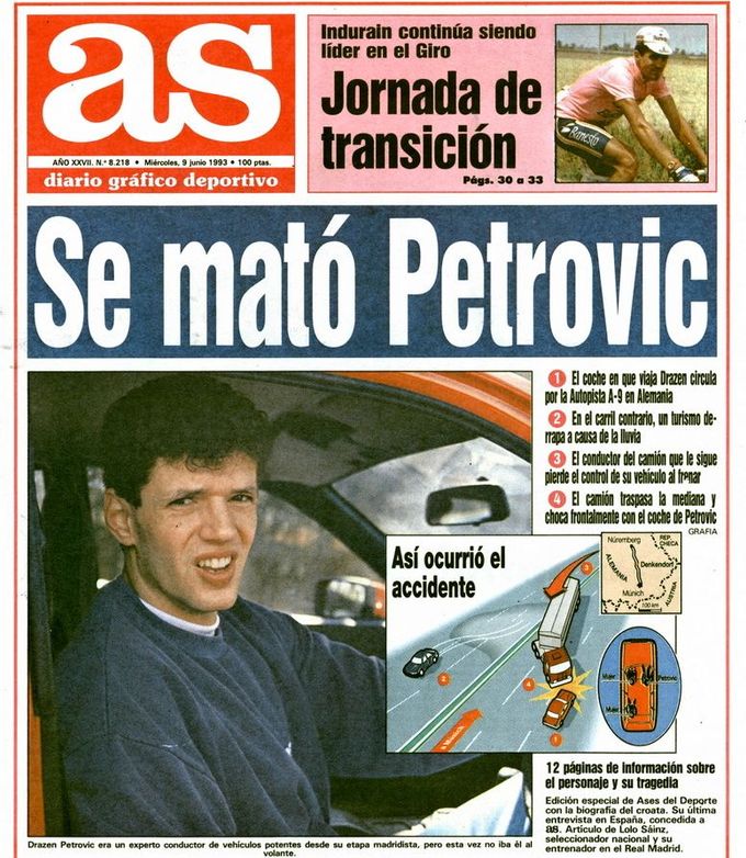 Rozbor tragické havárie Dražena Petroviče na titulní stránce španělského deníku As