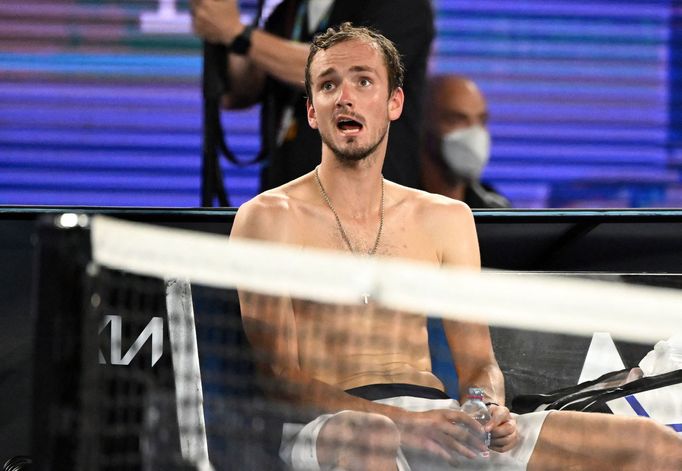 Tennis - Australian Open - Men's Singles Final - Melbourne Park, Melbourne, Australia - January 30, 2022 Russia's Daniil Medvedev during a break in play against Spain's R