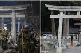 Fotografie nalevo pochází ze 14. března 2011 a zachycuje pátrání záchranářů po přeživších v troskách šintoistické svatyně v Otsuchi. Vedlejší snímek ze stejného místa byl pořízen 13. srpna.