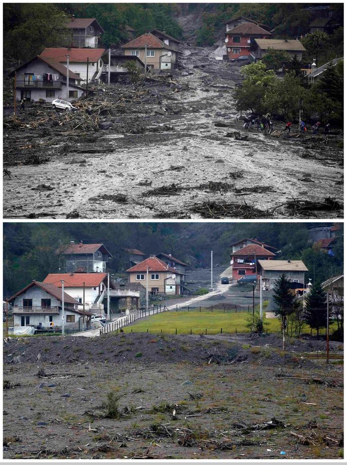 Bosna povodně 2014. Lidé nesoucí své věci při evakuace jejich domovů při záplavách 16. květen 2014 (nahore). Nynější pohled na vesnici Topcic Polje 8.října 2014 (dole).