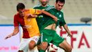 Milan Baroš (Galatasaray) bojuje o míč s Karagounisem (Panathinaikos) v Evrospké lize.