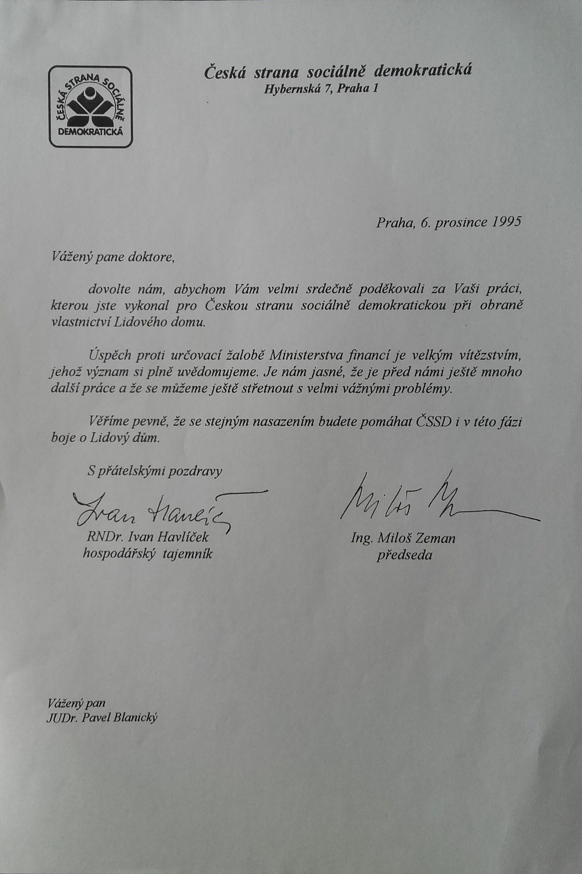 Děkovný dopis Miloše Zemana Pavlu Blanickému
