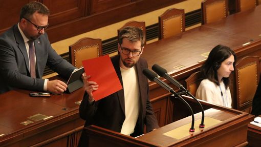 Předseda pirátských poslanců Jakub Michálek ve chvíli, kdy "udělil" ministrovi spravedlnosti Pavlu Blažkovi červenou kartu.