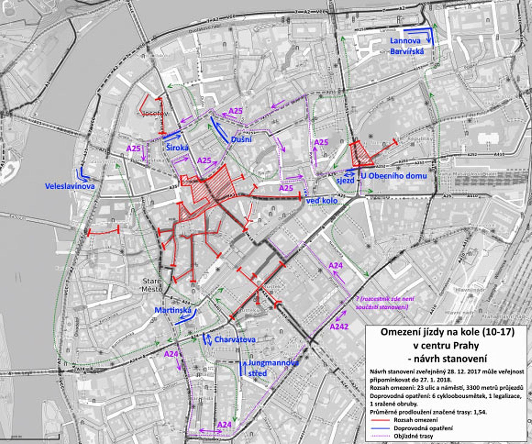 Mapa omezující jízdu na kole v Praze 1