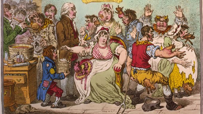 Britská karikatura Jamese Gillraye proti očkování kravskými neštovicemi. Obrázek z roku 1802.