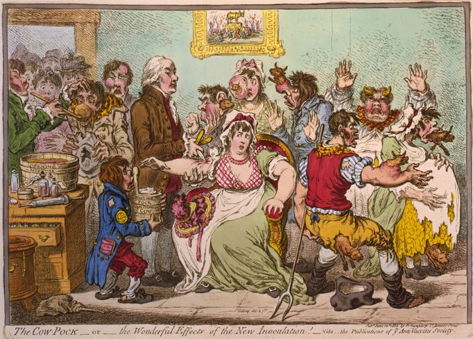 Britská karikatura Jamese Gillraye proti očkování kravskými neštovicemi. Obrázek z roku 1802.