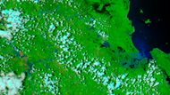 Snímek získaný ze satelitu NASA ukazuje oblast Fitzroy Basin před tím, než záplavy začaly. Na těchto typech map má obvykle voda tmavou barvu, řeky jsou o něco světlejší díky podloží koryt řek.