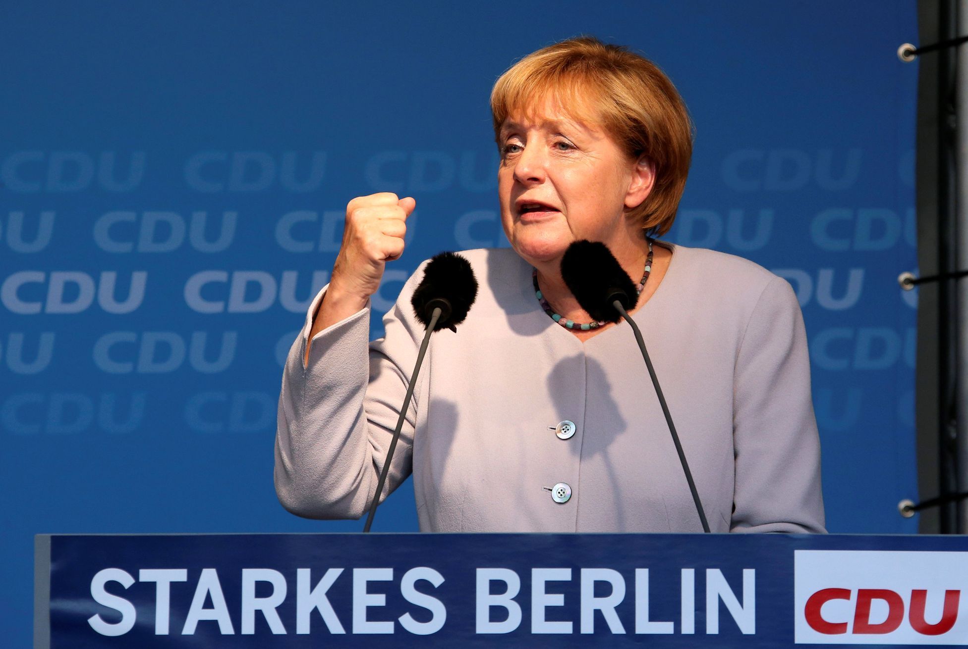Angela Merkelová na středečním předvolebním mítinku v Berlíně.