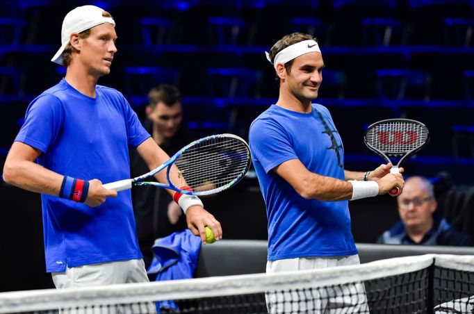 Tomáš Berdych a Roger Federer na tréninku Laver Cupu