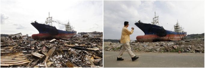 Kesennuma. 17. března 2011 a 12. srpna.