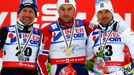 Bauer of the Czech Republic, Norway's Northug and Sweden's Olsson pose after the men's cross country 50 km mass start classic race at the Nordic World Ski Championships i