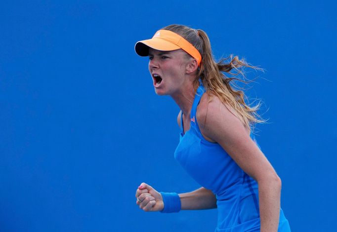 Daniela Hantuchova of Slovakia reacts during her women's singles match against Karolina Pliskova of the Czech Republic at the Australian Open 2014 tennis tournament in Me