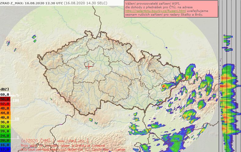 Mapa bouřek z radaru neděle 16.8. ve 14:30