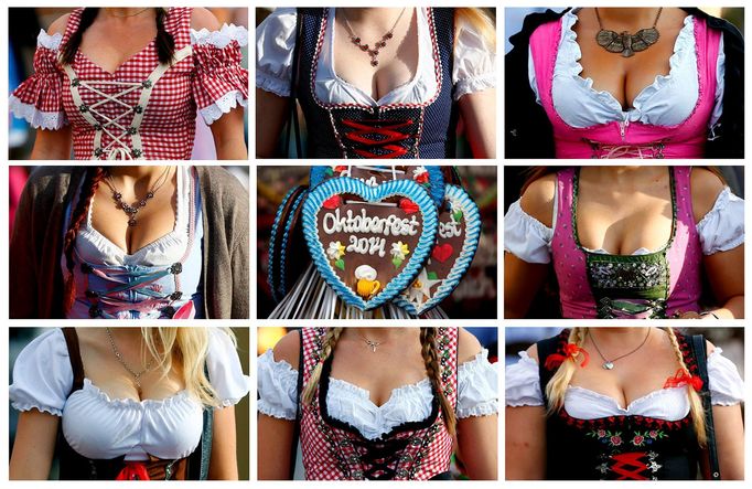 Návštěvnice Oktoberfestu v typických, bavorských dirndl šatech.