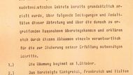 Kopie první strany čtyřstránkového německého orginálu Mnichovské smlouvy. Historici usilují i o francouzskou a anglickou mutaci. Italský orginál se zatím nepodařilo nalézt.