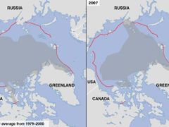 Mapka znázorňuje současný stav ledu (šedé pole), červenou linkou je pak vymezen 30-ti letý průměr.