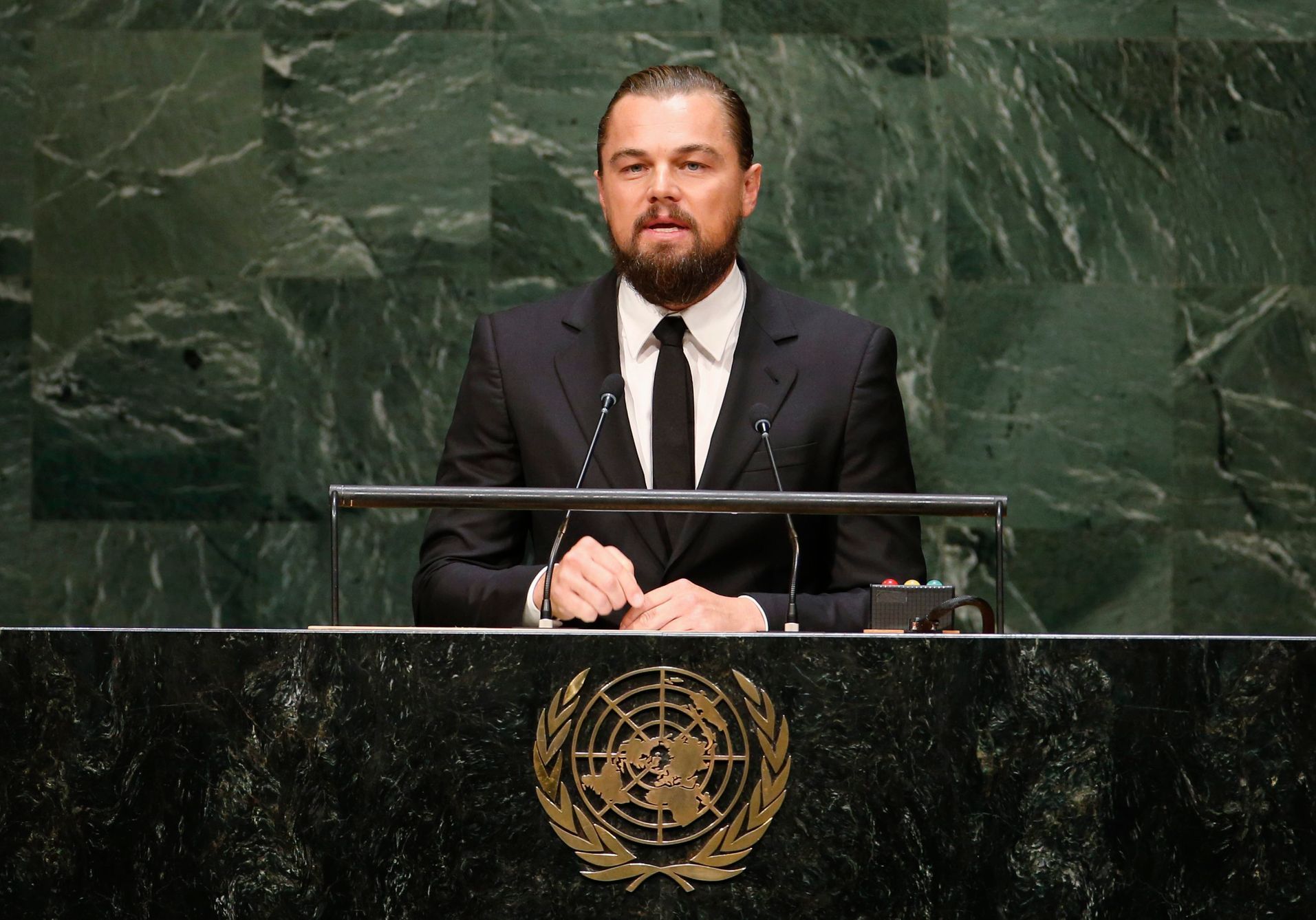 U.S. actor and UN Messenger of Peace Leonardo DiCaprio speaks during the Climate Summit at United Nations Headquarters in New York