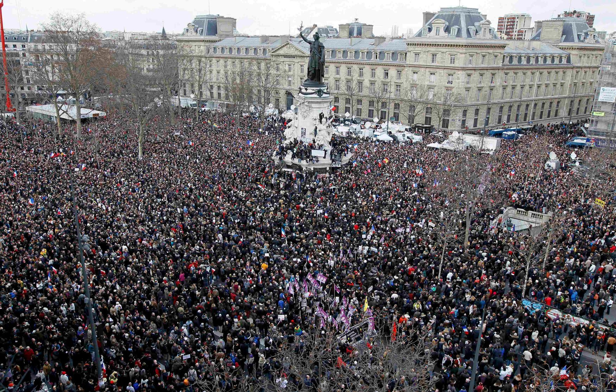 A general view shows Hundreds of thousands of people gathering on the Place de la Republique to attend the solidarity march (Rassemblement Republicain) in the streets of Paris