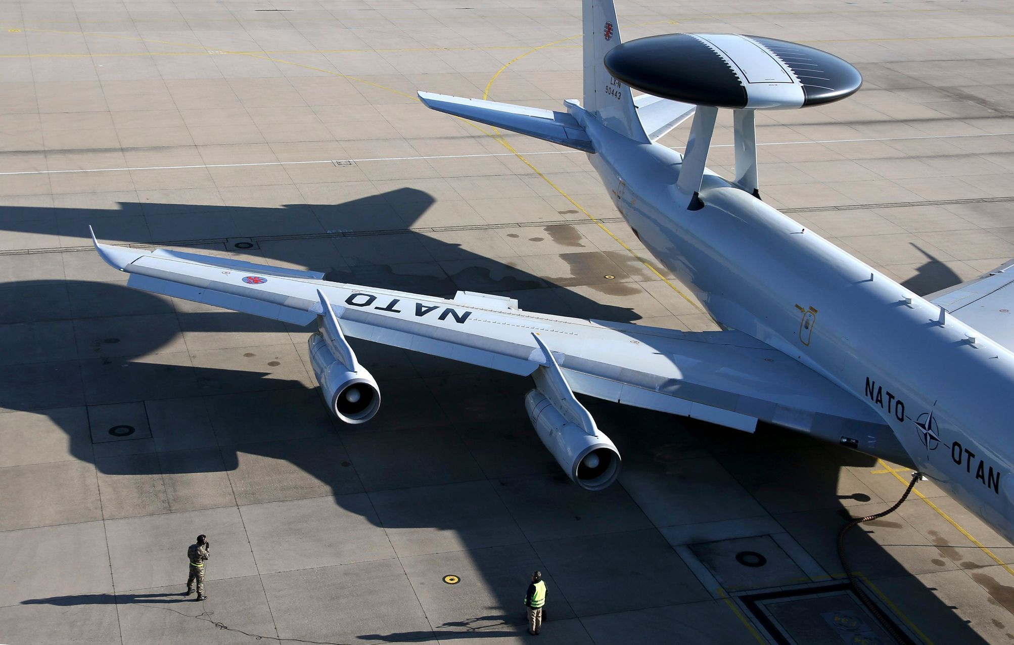 NATO AWACS aircraft is seen on the tarmac at the AWACS air base in Geilenkirchen near the German-Dutch border