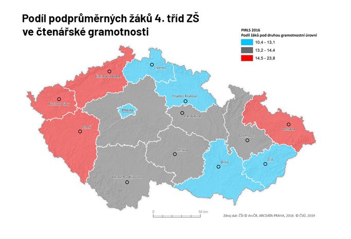 Podíl podprůměrných žáků 4. tříd ZŠ ve čtenářské gramotnosti