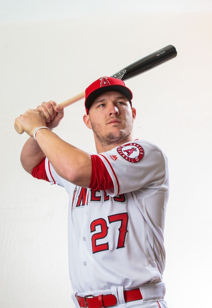 Feb 19, 2019; Tempe, AZ, USA; Los Angeles Angels outfielder Mike Trout poses for a portrait during media day at Tempe Diablo Stadium. Mandatory Credit: Mark J. Rebilas-US