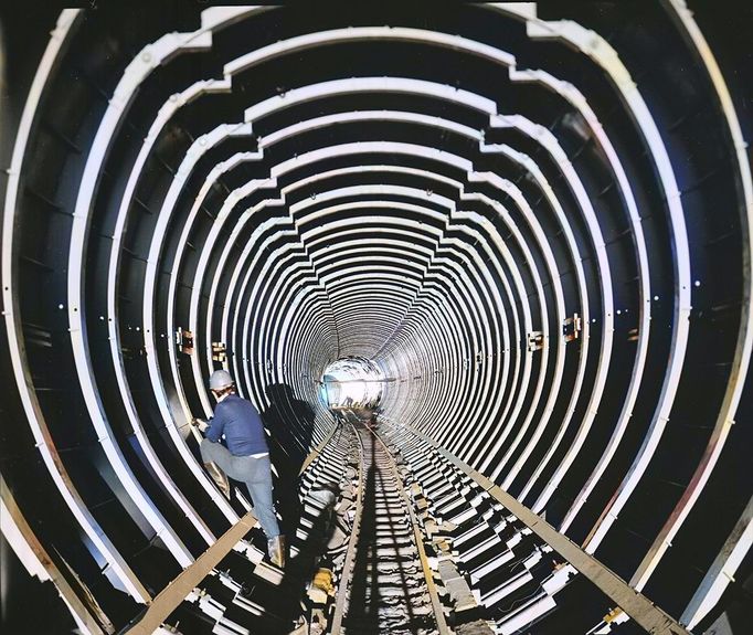 Výstavba 7 km dlouhého tunelu Super Proton Synchrotron v CERNu, 1974. Pracovník kontroluje sekundární obložení tunelu. Kolorovaný snímek