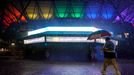 Sep 1, 2021; Flushing, NY, USA; A man walks by the flooded pavilion along Arthur Ashe Stadium on day three of the 2021 U.S. Open tennis tournament at USTA Billie Jean Kin