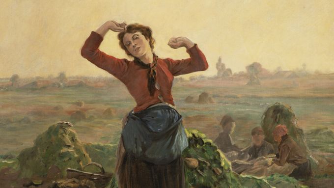 Obraz Václava Brožíka z roku 1899 nazvaný Dívka v řepném poli zpracovává motiv z Roztok.