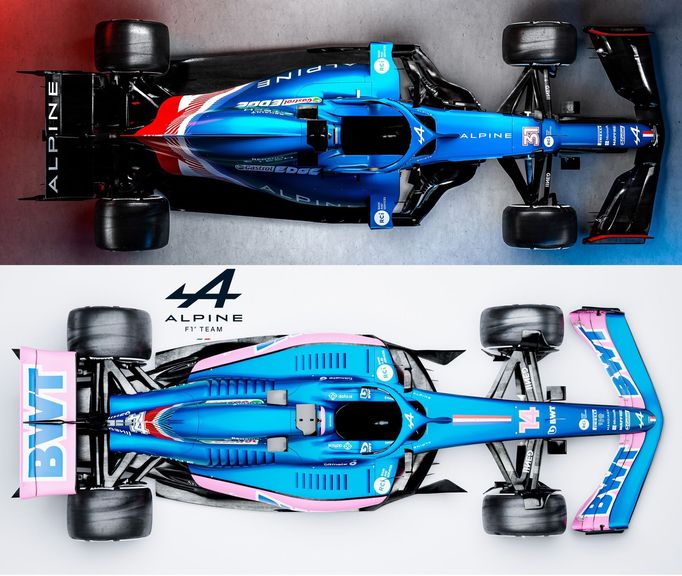 Porovnání monopostů F1 Alpine z roku 2021 (nahoře) a 2022