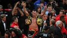 Apr 25, 2015; New York, NY, USA; Wladimir Klitschko reacts after defeating Bryant Jennings (not pictured) during their world championship heavyweight boxing fight at Madi