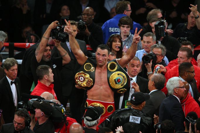 Apr 25, 2015; New York, NY, USA; Wladimir Klitschko reacts after defeating Bryant Jennings (not pictured) during their world championship heavyweight boxing fight at Madi