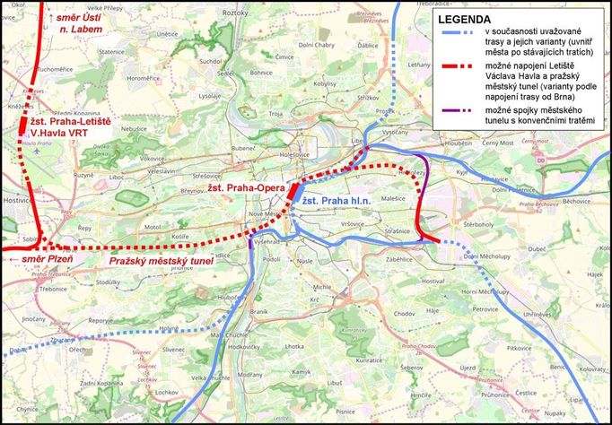 Plánované úseky vysokorychlostníc tratí v Praze. Modré tratě v centru města vyžadují tunely pro příměstské vlaky. Červeně je návrh prezentovaný Hospodářskou komorou.