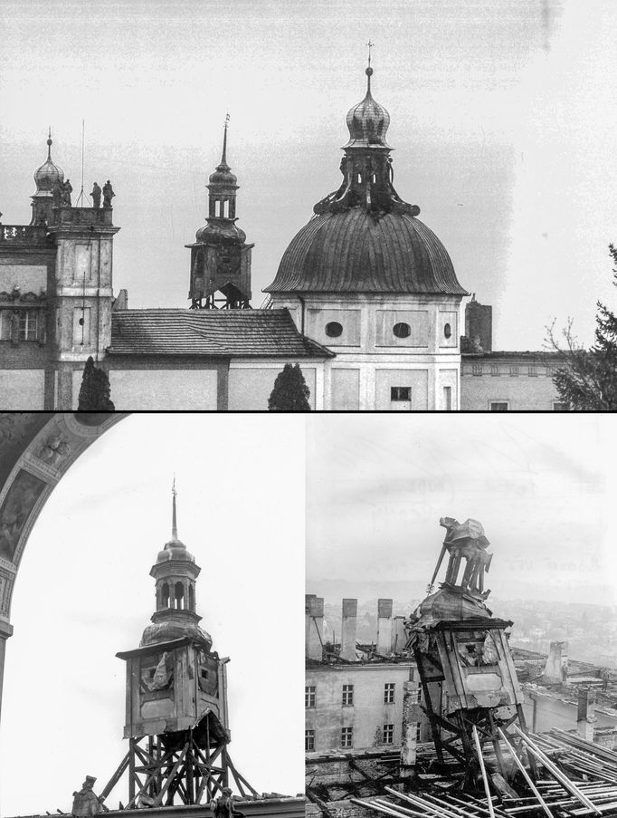 Kromě zničené střehy kláštera na Svaté Hoře požár rovněž silně zdevastoval tamní Hodinovou věž.