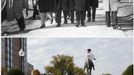 Combination photo shows then Congressman John F. Kennedy walking through the Boston Public Garden in 1952 and pedestrians walking at the same spot in 2013