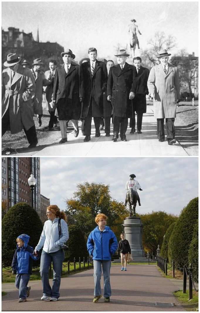 Combination photo shows then Congressman John F. Kennedy walking through the Boston Public Garden in 1952 and pedestrians walking at the same spot in 2013