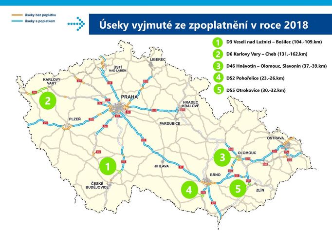 Úseky vyjmuté ze zpoplatnění v roce 2018