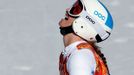 Julia Mancuso of the U.S. reacts in the finish area during the women's alpine skiing Super G competition during the 2014 Sochi Winter Olympics at the Rosa Khutor Alpine C