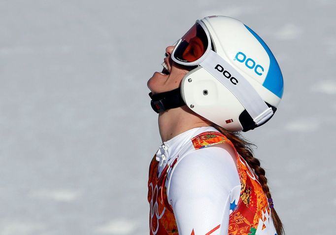 Julia Mancuso of the U.S. reacts in the finish area during the women's alpine skiing Super G competition during the 2014 Sochi Winter Olympics at the Rosa Khutor Alpine C