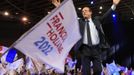 Francois Hollande, Socialist Party candidate for the 2012 French presidential election, waves at the end of a campaign rally in Lille